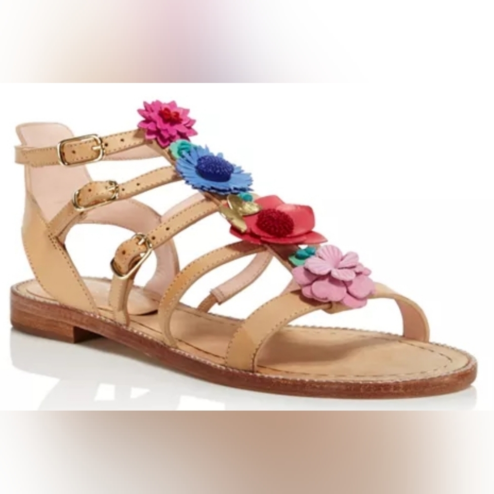 Rare* Kate Spade Shoes Sadia Leather Floral Sandals Natutal Vaccheta Sz 6.5 - 10